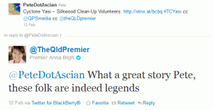 QLD Premier tweets about the Silkwood volunteers